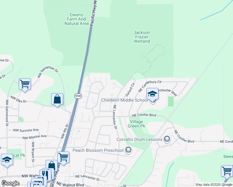 map of restaurants, bars, coffee shops, grocery stores, and more near 3326 Northeast Lancaster Street in Corvallis