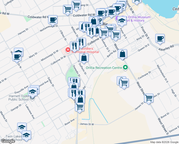 map of restaurants, bars, coffee shops, grocery stores, and more near in Orillia