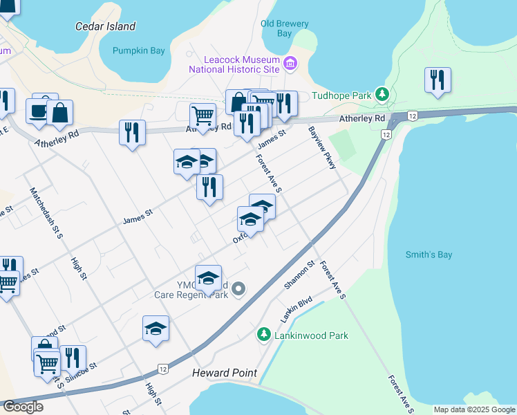 map of restaurants, bars, coffee shops, grocery stores, and more near Raymond Avenue in Orillia
