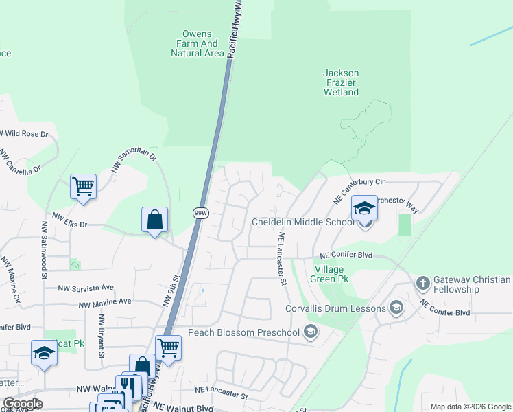 map of restaurants, bars, coffee shops, grocery stores, and more near 3318 Northeast Lancaster Street in Corvallis