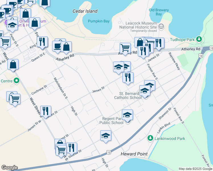 map of restaurants, bars, coffee shops, grocery stores, and more near James Street East in Orillia