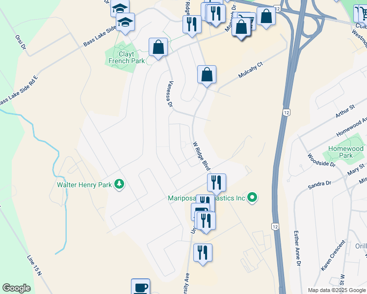 map of restaurants, bars, coffee shops, grocery stores, and more near 800 West Ridge Boulevard in Orillia