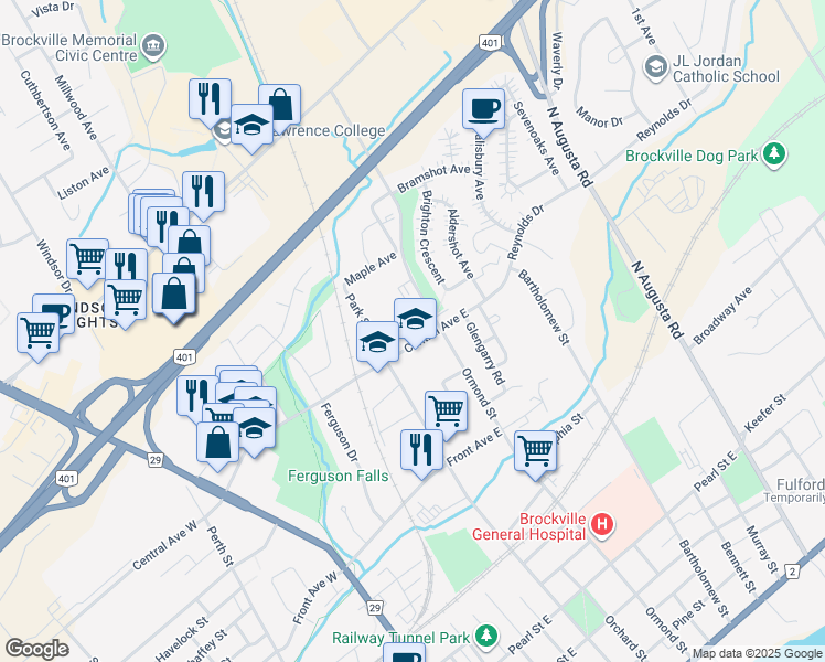map of restaurants, bars, coffee shops, grocery stores, and more near 12 Central Avenue East in Brockville