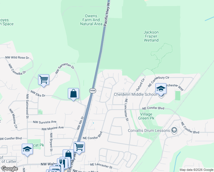 map of restaurants, bars, coffee shops, grocery stores, and more near 109 Northeast Park Circle in Corvallis