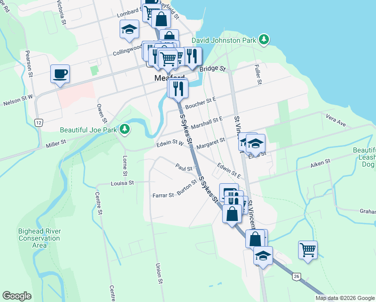 map of restaurants, bars, coffee shops, grocery stores, and more near 7 Edwin Street West in Meaford