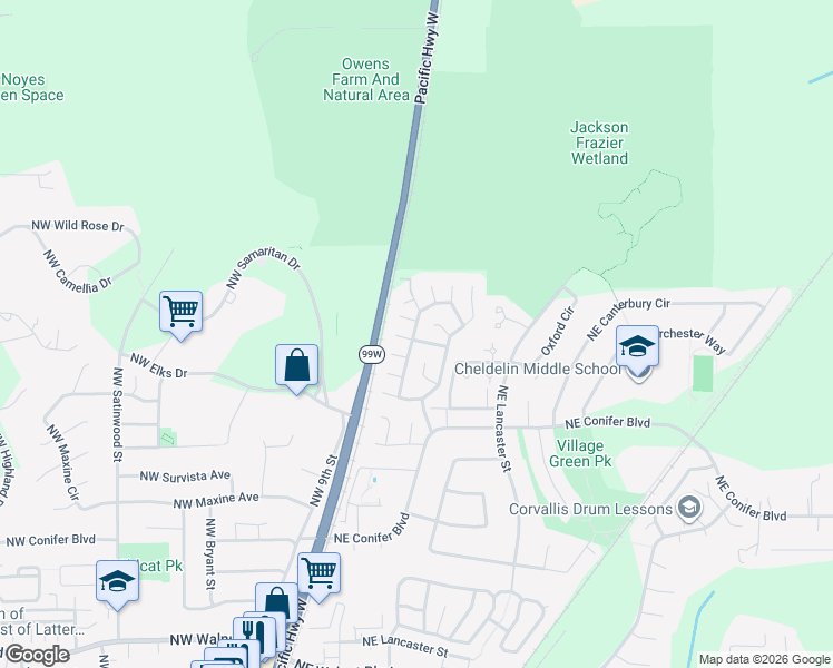 map of restaurants, bars, coffee shops, grocery stores, and more near 109 Northeast Park Circle in Corvallis