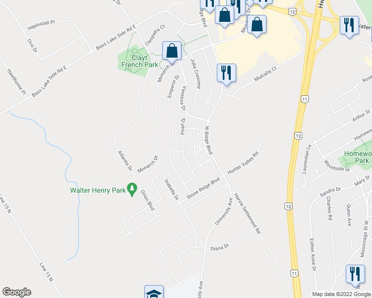 map of restaurants, bars, coffee shops, grocery stores, and more near 71 Pearl Drive in Orillia
