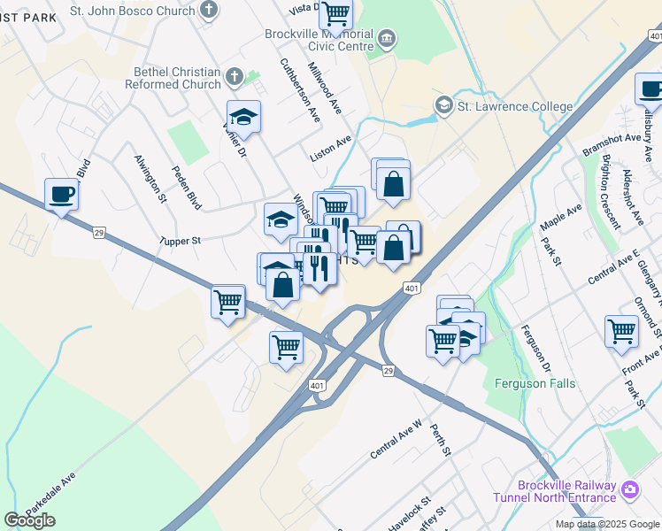 map of restaurants, bars, coffee shops, grocery stores, and more near in Brockville