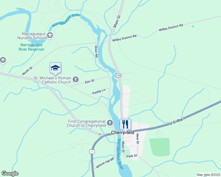 map of restaurants, bars, coffee shops, grocery stores, and more near River Road in Cherryfield
