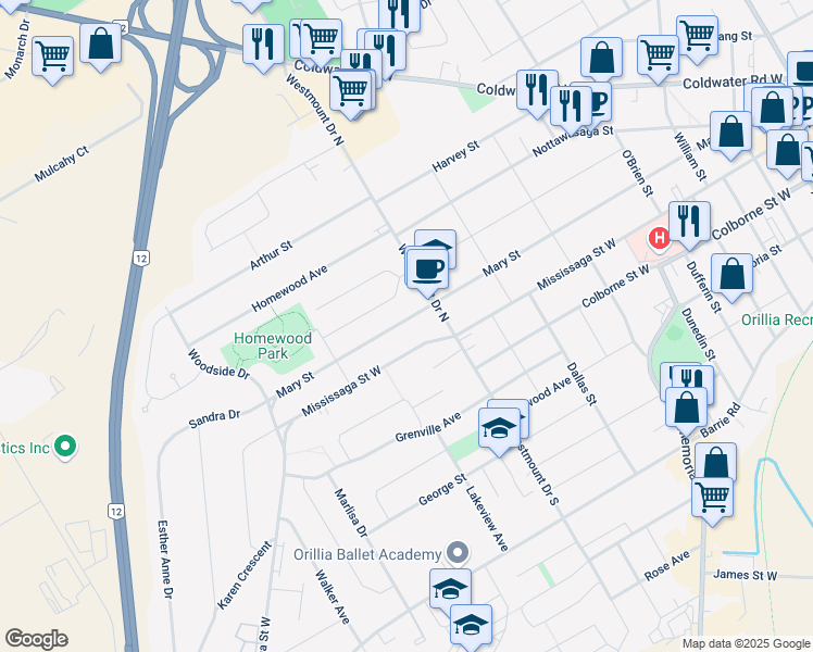 map of restaurants, bars, coffee shops, grocery stores, and more near 349 Mary Street in Orillia