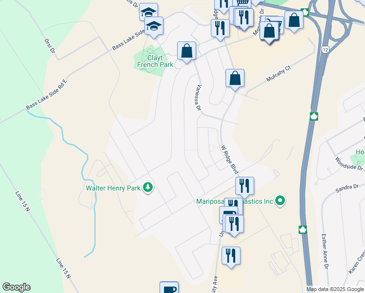map of restaurants, bars, coffee shops, grocery stores, and more near 3076 Emperor Drive in Orillia