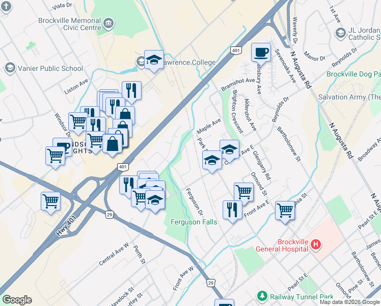map of restaurants, bars, coffee shops, grocery stores, and more near 37 Brookview Crescent in Brockville