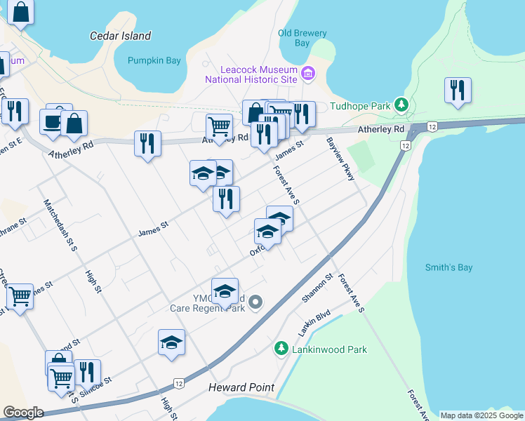 map of restaurants, bars, coffee shops, grocery stores, and more near 283 Crawford Street in Orillia