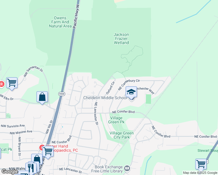 map of restaurants, bars, coffee shops, grocery stores, and more near 3384 Northeast Oxford Circle in Corvallis