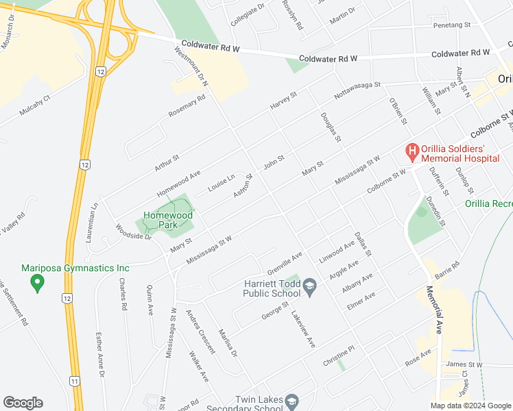 map of restaurants, bars, coffee shops, grocery stores, and more near 349 Mary Street in Orillia