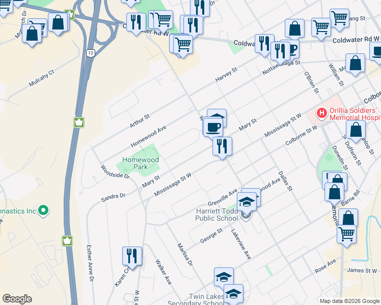map of restaurants, bars, coffee shops, grocery stores, and more near 364 Mary Street in Orillia