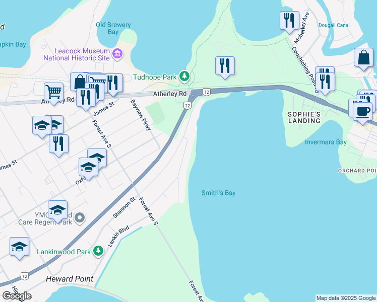 map of restaurants, bars, coffee shops, grocery stores, and more near 337 Macisaac Drive in Orillia