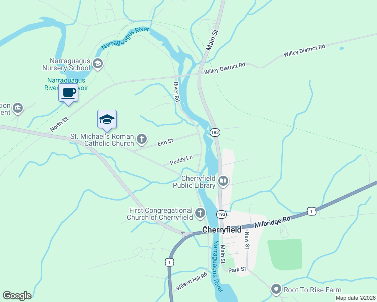 map of restaurants, bars, coffee shops, grocery stores, and more near 29 Paddy Lane in Cherryfield