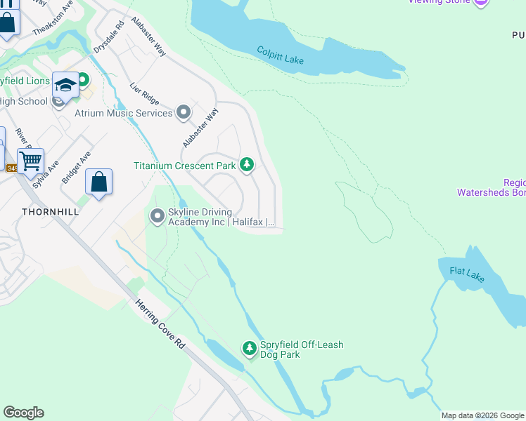map of restaurants, bars, coffee shops, grocery stores, and more near 182 Titanium Crescent in Halifax