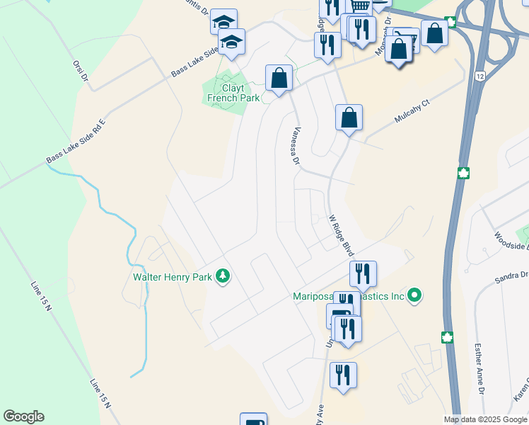 map of restaurants, bars, coffee shops, grocery stores, and more near 3076 Emperor Drive in Orillia