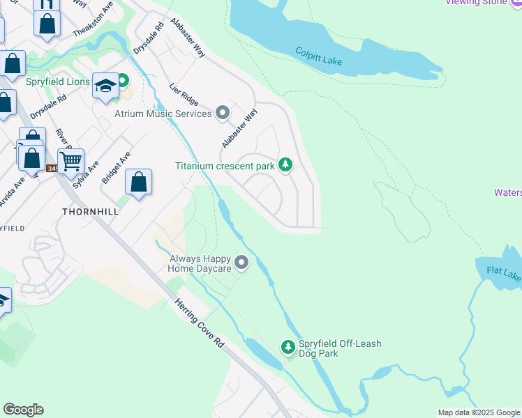 map of restaurants, bars, coffee shops, grocery stores, and more near 417 Alabaster Way in Halifax