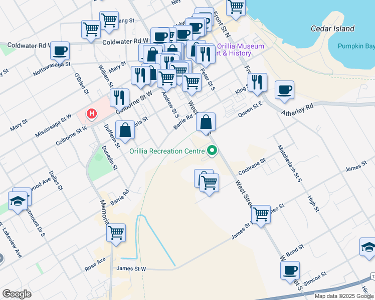 map of restaurants, bars, coffee shops, grocery stores, and more near 3 Royce Avenue in Orillia