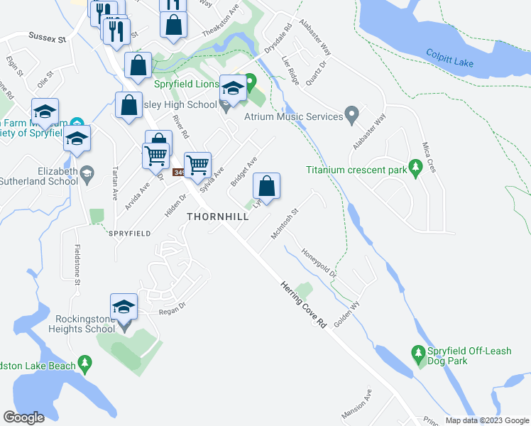 map of restaurants, bars, coffee shops, grocery stores, and more near 14 Autumn Drive in Halifax