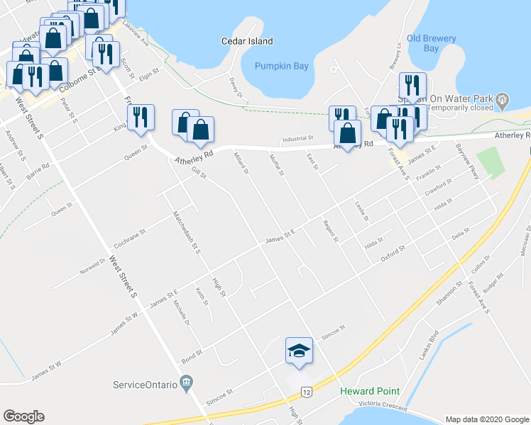 map of restaurants, bars, coffee shops, grocery stores, and more near 307 Millard Street in Orillia