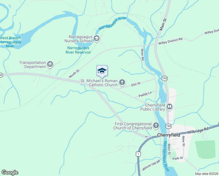 map of restaurants, bars, coffee shops, grocery stores, and more near 85 School Street in Cherryfield