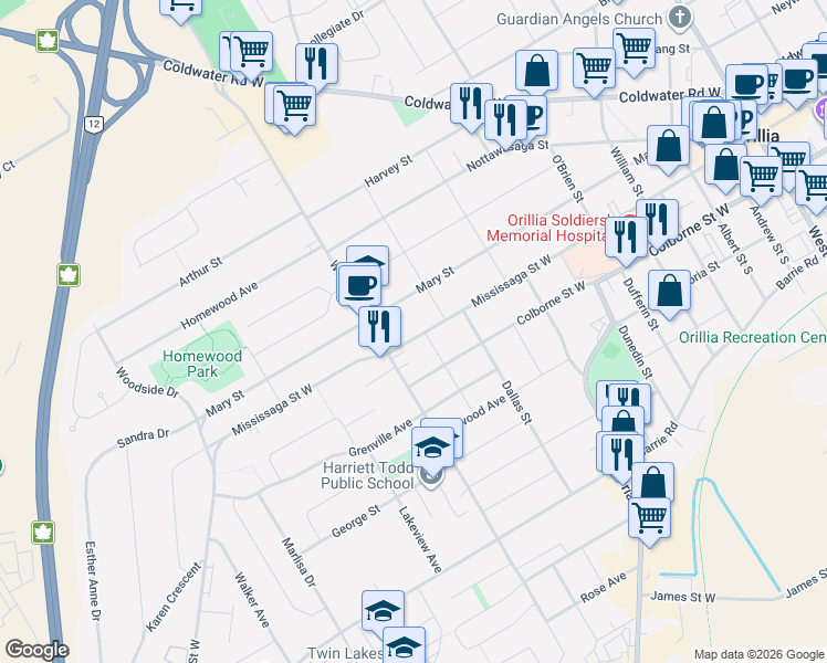 map of restaurants, bars, coffee shops, grocery stores, and more near 320 Mississaga Street West in Orillia
