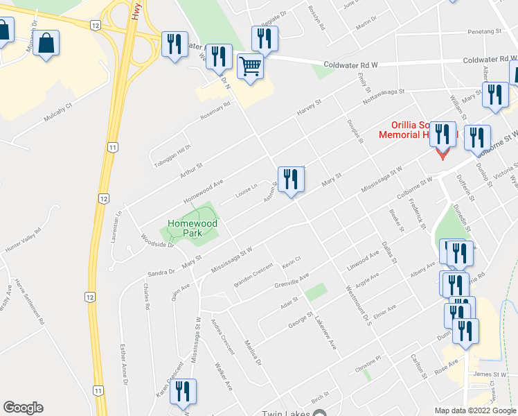 map of restaurants, bars, coffee shops, grocery stores, and more near 364 Mary Street in Orillia