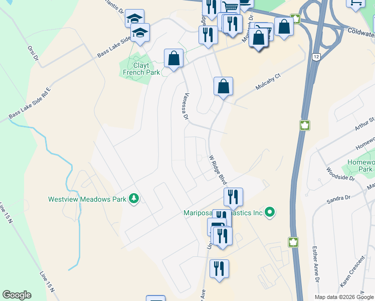map of restaurants, bars, coffee shops, grocery stores, and more near 81 Pearl Drive in Orillia