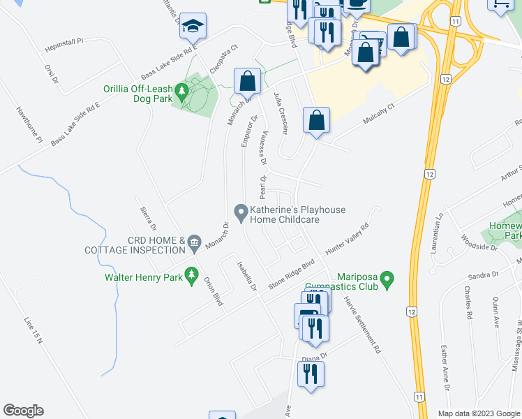 map of restaurants, bars, coffee shops, grocery stores, and more near 84 Pearl Drive in Orillia