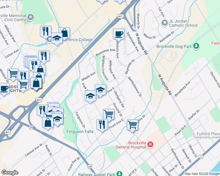 map of restaurants, bars, coffee shops, grocery stores, and more near 44 Central Avenue East in Brockville