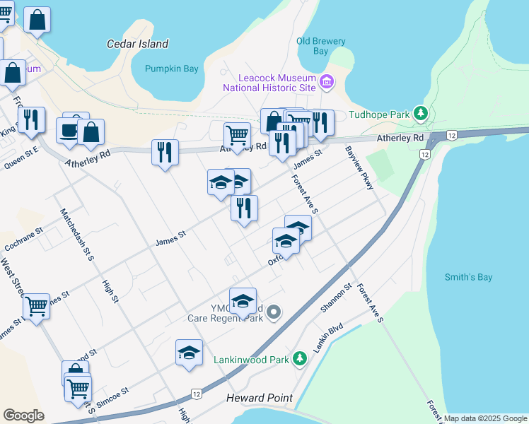map of restaurants, bars, coffee shops, grocery stores, and more near 273 Franklin Street in Orillia