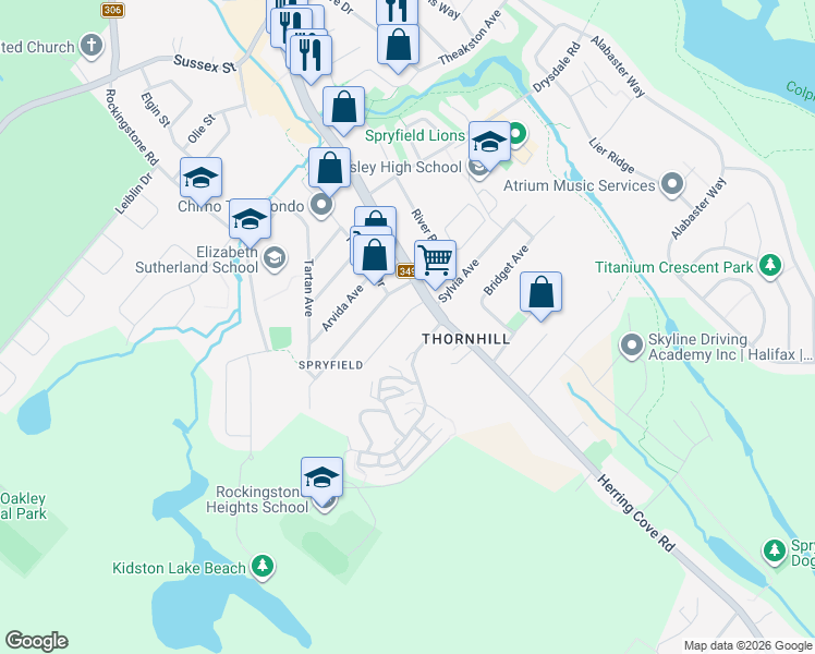 map of restaurants, bars, coffee shops, grocery stores, and more near 22 Hilden Drive in Halifax
