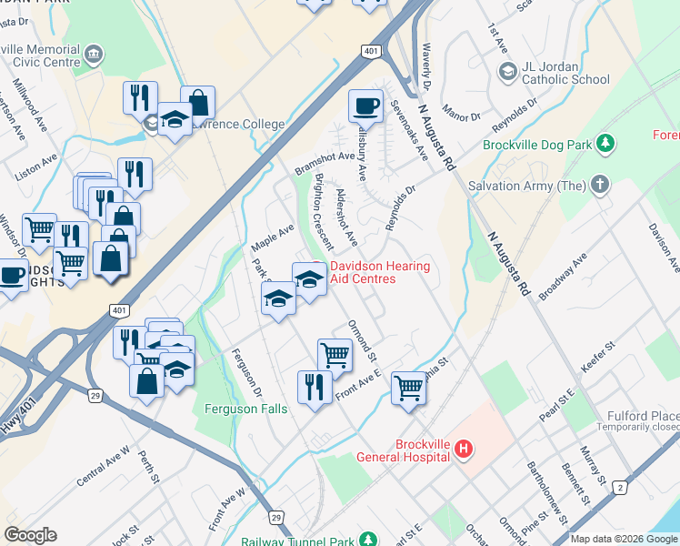 map of restaurants, bars, coffee shops, grocery stores, and more near 44 Central Avenue East in Brockville
