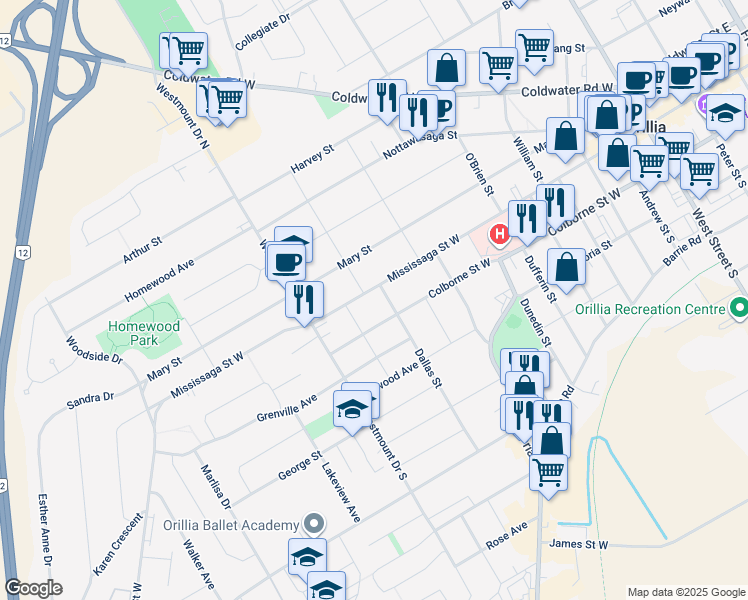 map of restaurants, bars, coffee shops, grocery stores, and more near 291 Mississaga Street West in Orillia