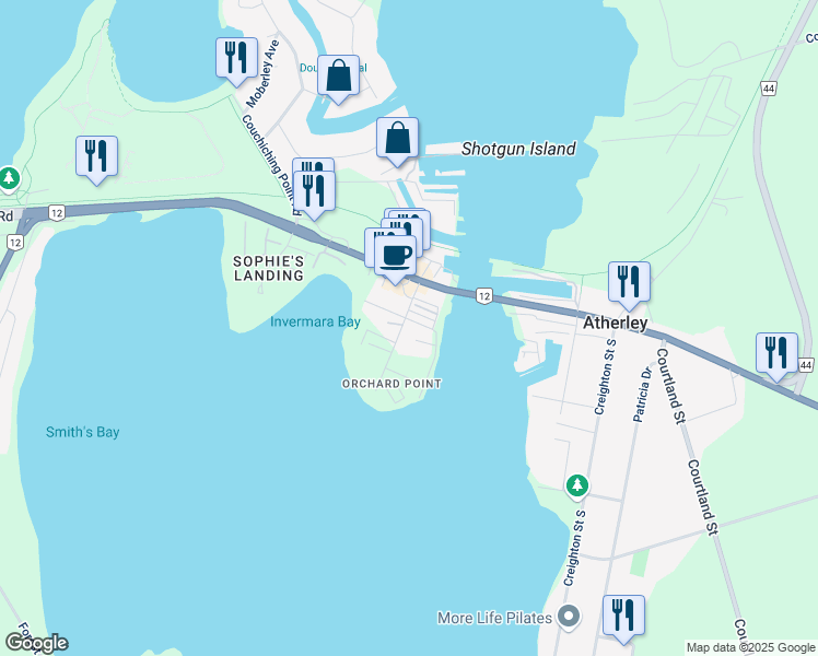 map of restaurants, bars, coffee shops, grocery stores, and more near 34 Orchard Point Road in Orillia
