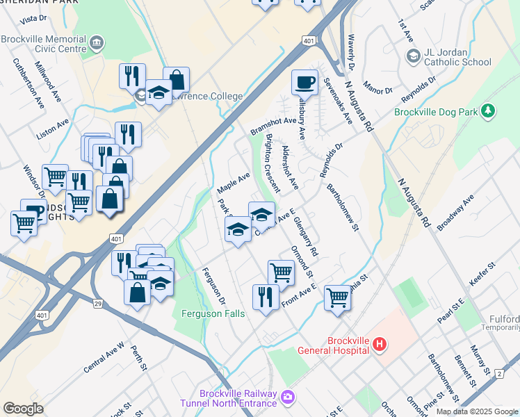 map of restaurants, bars, coffee shops, grocery stores, and more near 12 Central Avenue East in Brockville