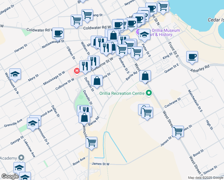 map of restaurants, bars, coffee shops, grocery stores, and more near 92 Barrie Road in Orillia