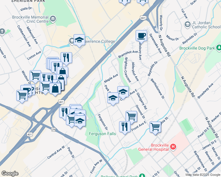 map of restaurants, bars, coffee shops, grocery stores, and more near 345 Park Street in Brockville