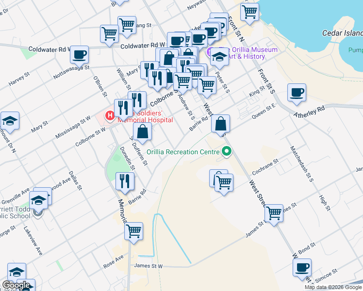 map of restaurants, bars, coffee shops, grocery stores, and more near 85 Barrie Road in Orillia