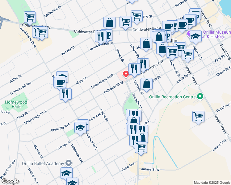 map of restaurants, bars, coffee shops, grocery stores, and more near 50 Frederick Street in Orillia