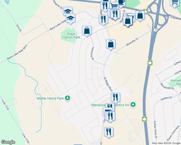 map of restaurants, bars, coffee shops, grocery stores, and more near 71 Pearl Drive in Orillia