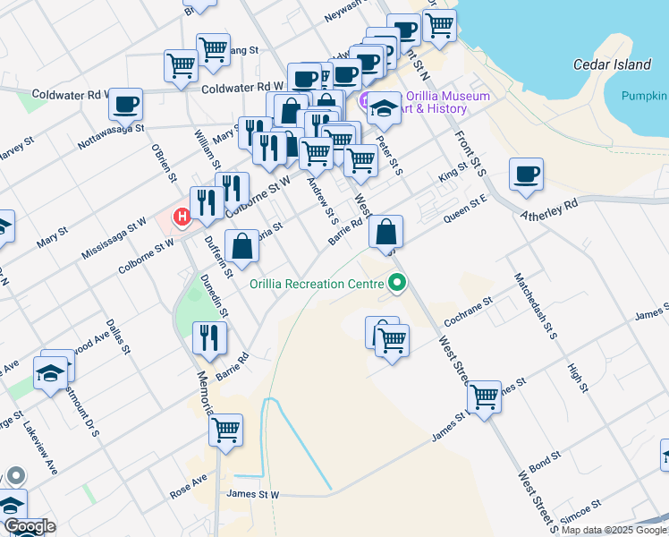 map of restaurants, bars, coffee shops, grocery stores, and more near 3 Royce Avenue in Orillia