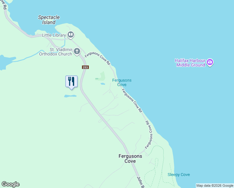 map of restaurants, bars, coffee shops, grocery stores, and more near 1 Faraday Lane in Fergusons Cove