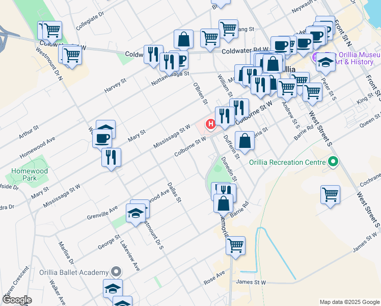 map of restaurants, bars, coffee shops, grocery stores, and more near 46 Frederick Street in Orillia