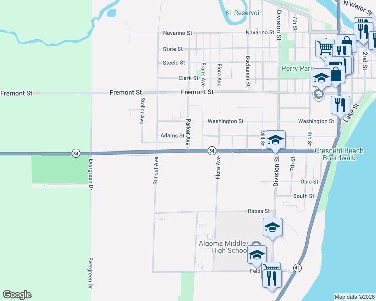 map of restaurants, bars, coffee shops, grocery stores, and more near Wisconsin 54 Trunk in Algoma