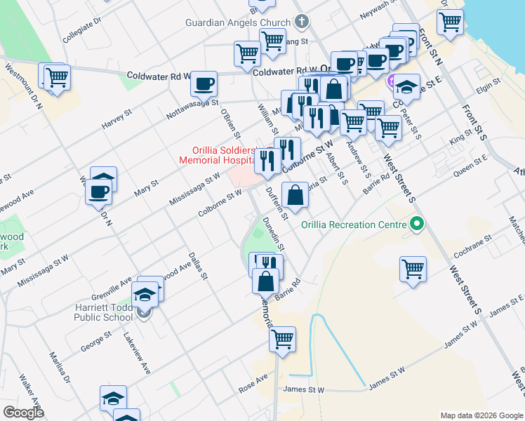 map of restaurants, bars, coffee shops, grocery stores, and more near 55 Dufferin Street in Orillia